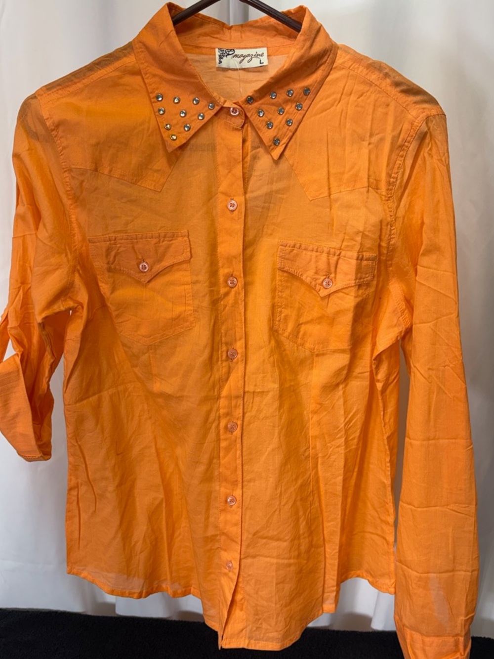 Studded Collar Orange Button-Down Shirt - Women 2660